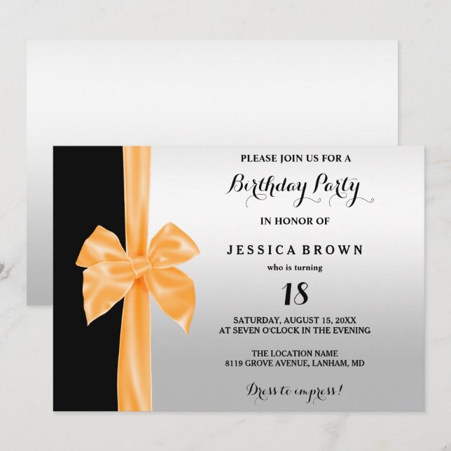 Invitation Ruban de soie romantique Argent et Noir 18e Annive (Devant / Derrière)