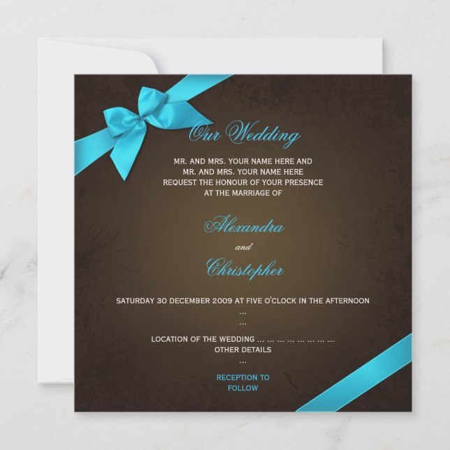 Invitation Ruban de Turquiose sur Mariage Brown de Grunge (Devant)