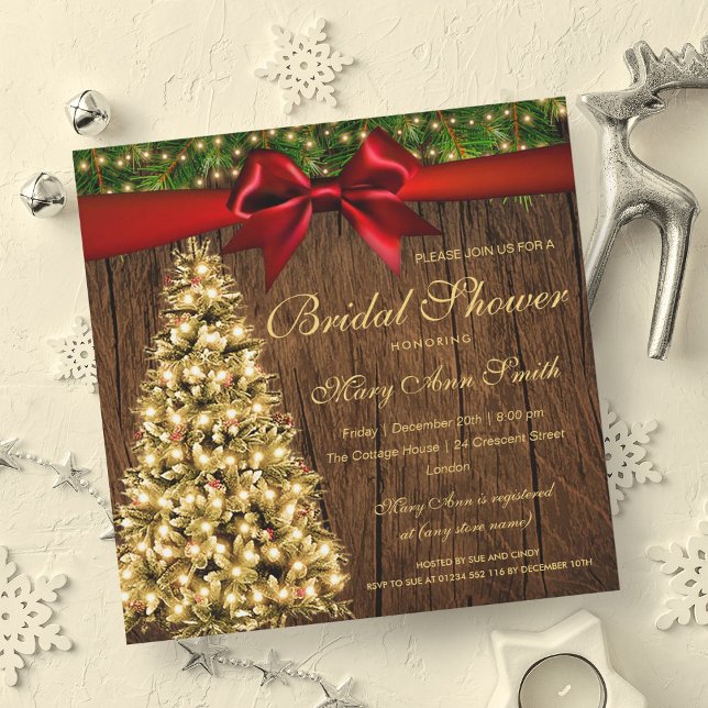 Invitation Ruban d'éclairage de l'arbre de Noël Or (Gold Christmas Bridal Shower Tree Lights Ribbon Invitation)