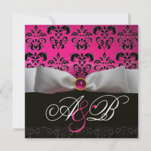 INVITATION RUBAN D'OR ROSE VIOLET NOIR  DAMAS MONOGRAMME