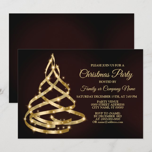 Invitation Ruban doré brillant arbre de Noël fête de Noël sci (Devant / Derrière)