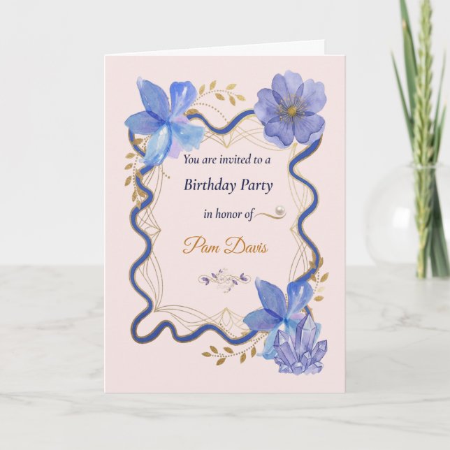 Invitation Ruban doré floral Fête d'anniversaire violette  (Devant)