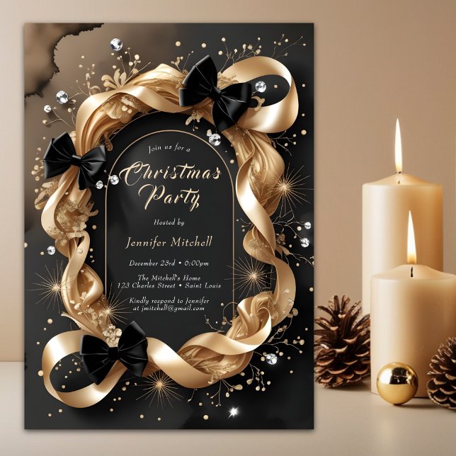 Invitation Ruban doré glamour Noeud noir Soirée de Noël (Glam Gold Ribbon Black Christmas Party Invitation)