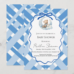 Invitation Ruban d'ours de douche bébé garçon carreaux bleus