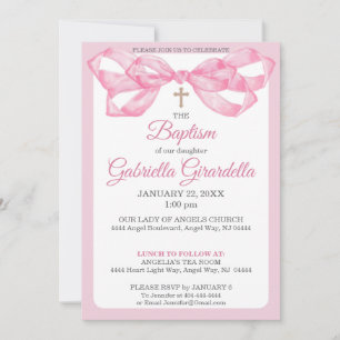 Invitation Ruban élégant rose en aquarelle pour baptême