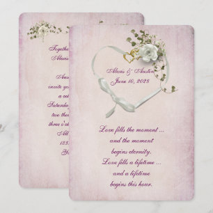 Invitation Ruban en forme de cœur et anneaux de mariage sur f