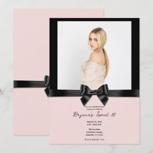 Invitation Ruban en Satin Noir Nœud Rose Blush Photo Sweet 16