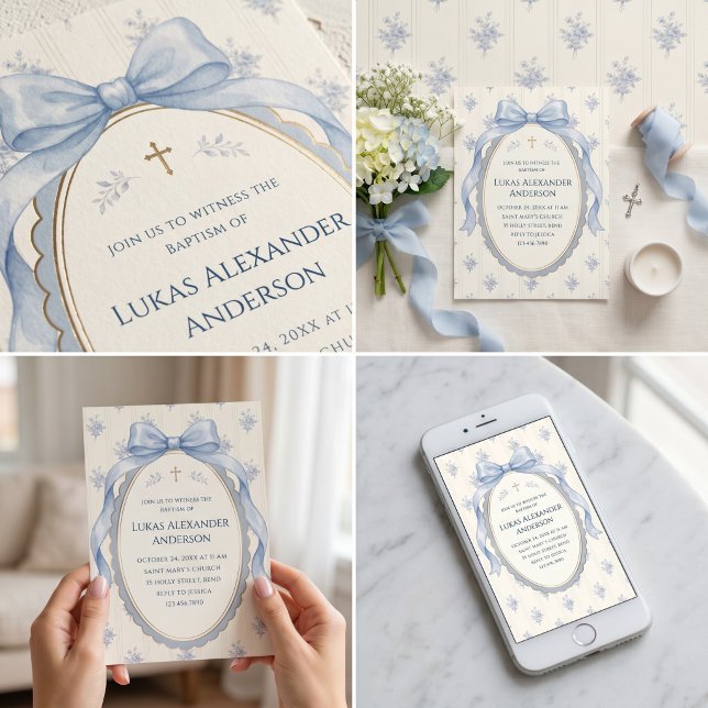 Invitation Ruban Floral Coquette Bleu Baptême (Créateur téléchargé)