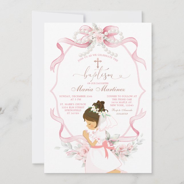 Invitation Ruban Floral Rose Fille Pleurant Baptême (Devant)