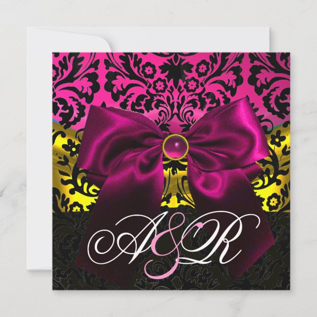 Invitation Ruban FUCHSA OR ROSE NOIR  DAMAS MONOGRAMME (Devant)