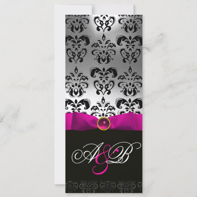 INVITATION RUBAN FUCHSIA BLANC NOIR DAMAS MONOGRAMME (Devant)