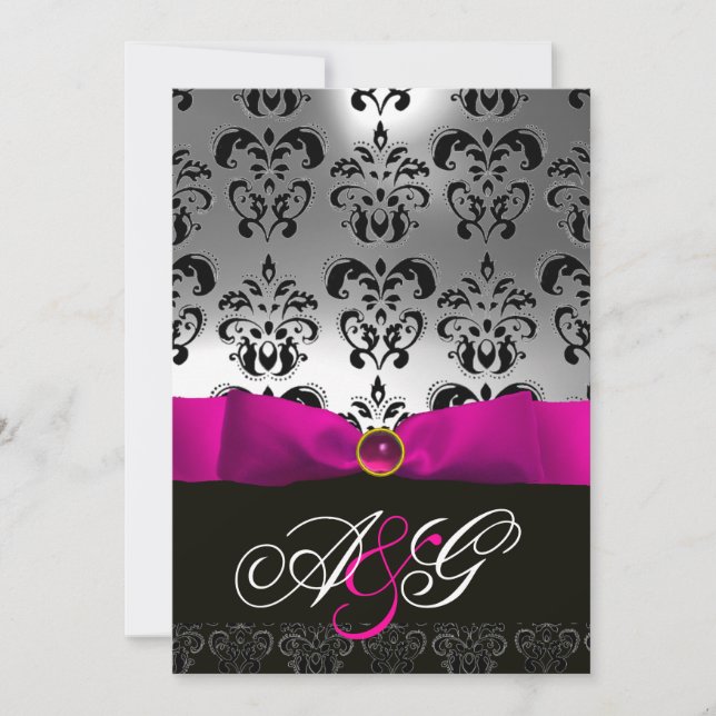 INVITATION RUBAN FUCHSIA BLANC NOIR DAMAS MONOGRAMME (Devant)