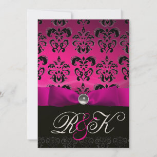 INVITATION RUBAN FUCHSIA BLANC NOIR MONOGRAMME DAMAS