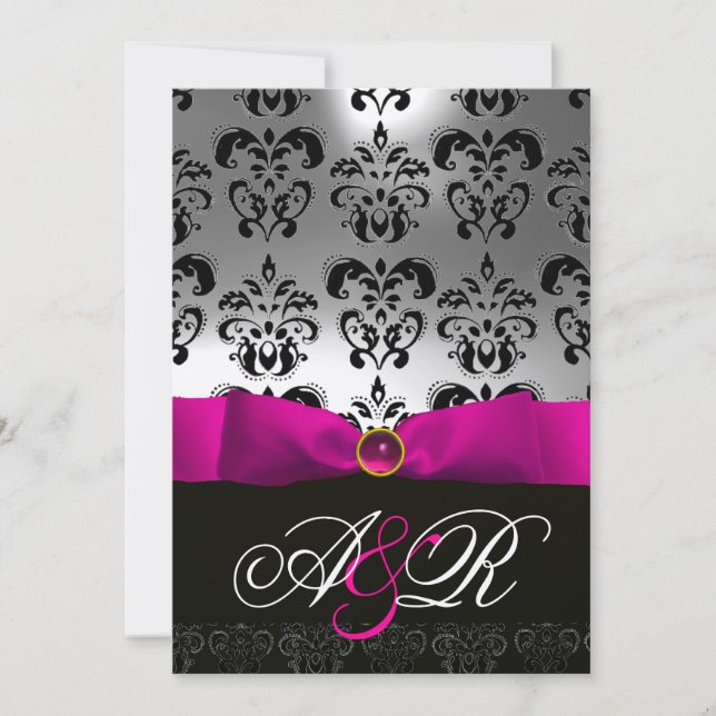 INVITATION RUBAN FUCHSIA BLANC NOIR MONOGRAMME DAMAS (Devant)