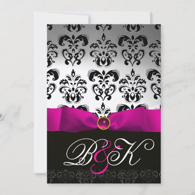 INVITATION RUBAN FUCHSIA BLANC NOIR MONOGRAMME DAMASSÉ (Devant)