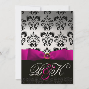 INVITATION RUBAN FUCHSIA BLANC NOIR MONOGRAMME DAMASSÉ