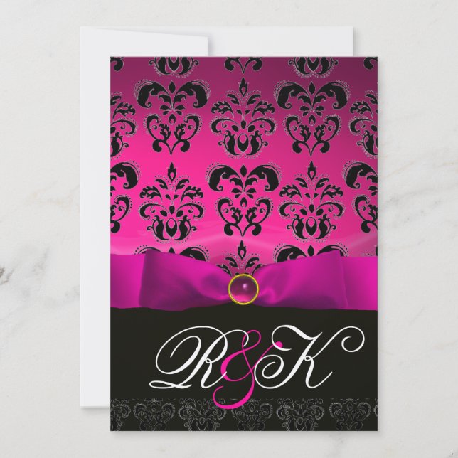 INVITATION RUBAN FUCHSIA BLANC NOIR MONOGRAMME DAMASSÉ (Devant)