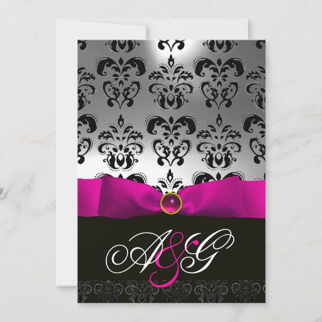 INVITATION RUBAN FUCHSIA BLANC NOIR MONOGRAMME DAMASSÉ (Devant)