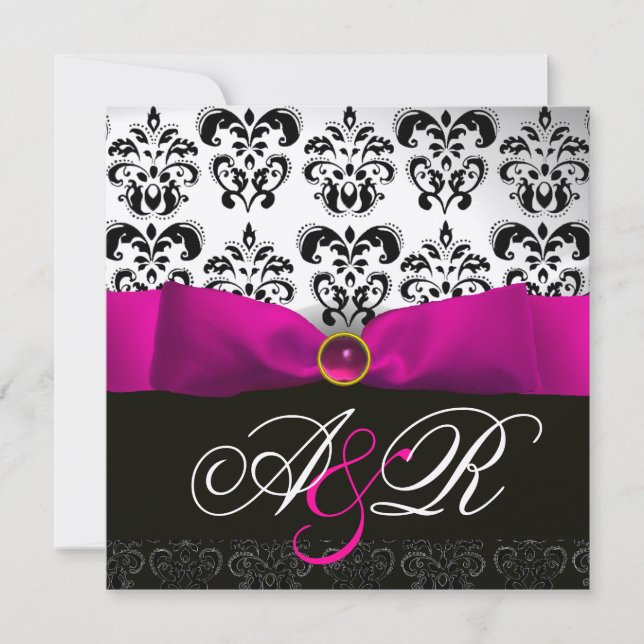 INVITATION RUBAN FUCHSIA BLANC NOIR MONOGRAMME DAMASSÉ (Devant)