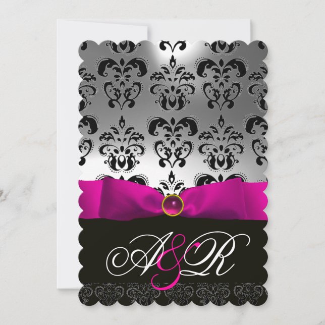 INVITATION RUBAN FUCHSIA BLANC NOIR MONOGRAMME DAMASSÉ (Devant)