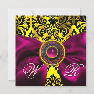 INVITATION RUBAN FUCHSIA OR JAUNE NOIR  DAMAS MONOGRAMME