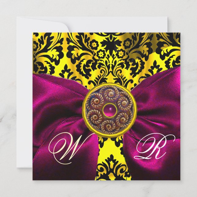 INVITATION RUBAN FUCHSIA OR JAUNE NOIR  DAMAS MONOGRAMME (Devant)