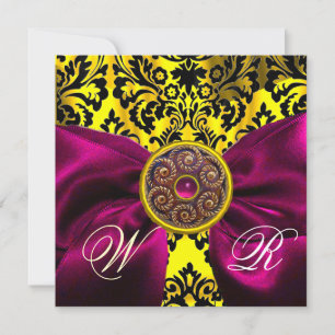 INVITATION RUBAN FUCHSIA OR JAUNE NOIR  DAMAS MONOGRAMME