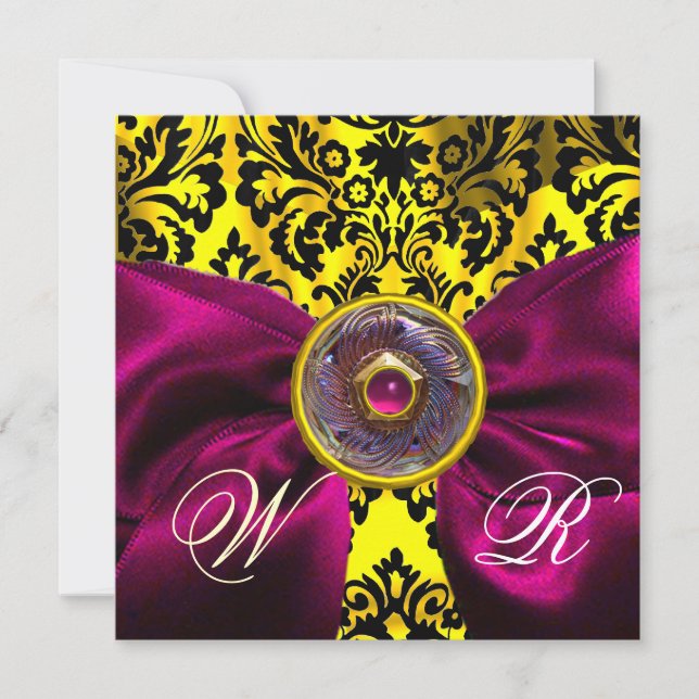 INVITATION RUBAN FUCHSIA OR JAUNE NOIR  DAMAS MONOGRAMME (Devant)