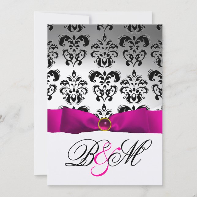 INVITATION RUBAN FUCHSIA OR NOIR DAMAS MONOGRAMME (Devant)