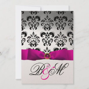 INVITATION RUBAN FUCHSIA OR NOIR  DAMAS MONOGRAMME