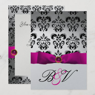 INVITATION RUBAN FUCHSIA ROSE ARGENT NOIR MONOGRAMME DAMAS