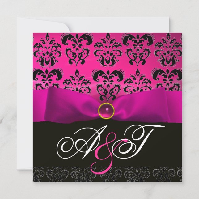 INVITATION RUBAN FUCHSIA ROSE VIOLET NOIR DAMASSÉ MONOGRAMME (Devant)