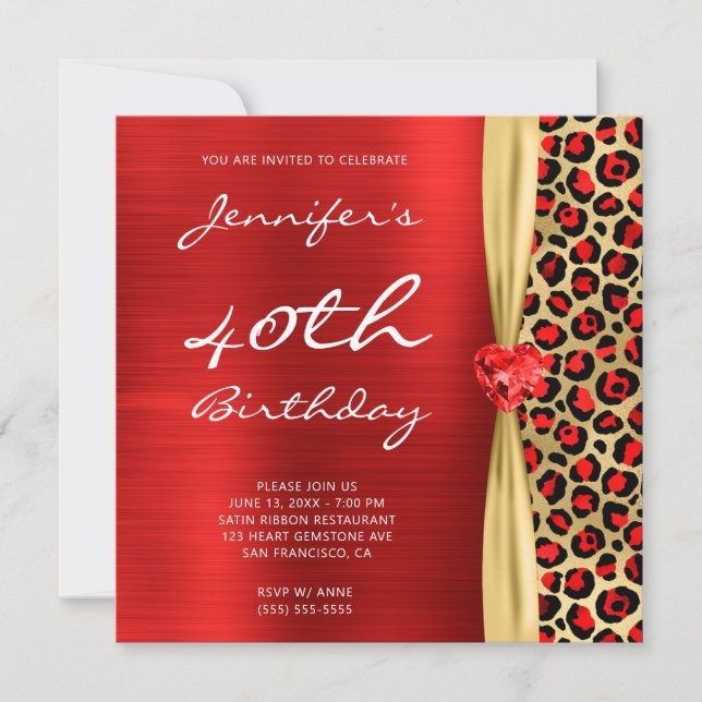 Invitation Ruban Gemme Feuille de Leopard Or Rouge 40e Annive (Devant)