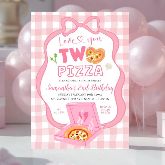 Invitation Ruban Gingham RoseJe t'aime DEUX pizza anniversair (Créateur téléchargé)