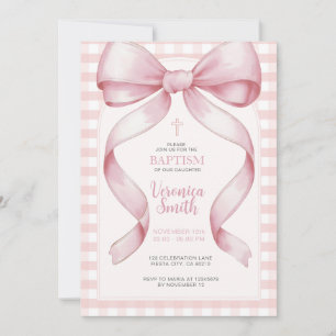 Invitation Ruban Girl Baptême Pink Bow Pearl Collier