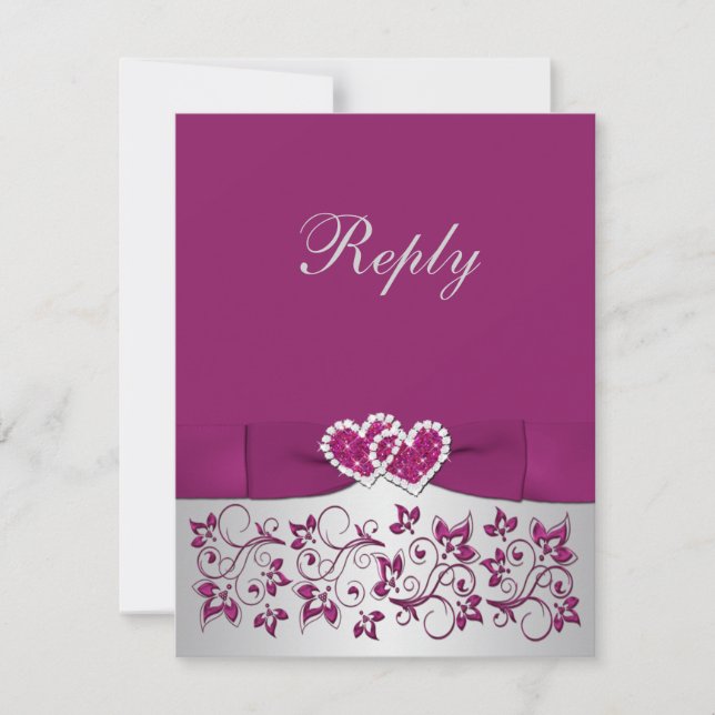 Invitation RUBAN IMPRIMÉ Carte-réponse florale argent et viol (Devant)