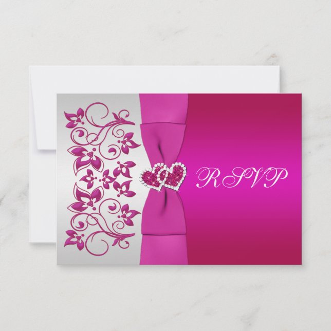 Invitation RUBAN IMPRIMÉ Carte-réponse florale rose et argent (Devant)