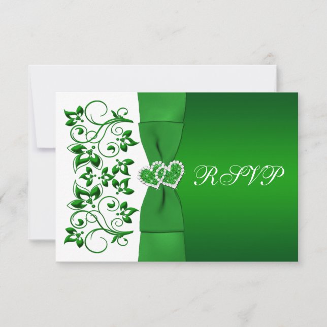 Invitation RUBAN IMPRIMÉ Carte-réponse florale verte et blanc (Devant)