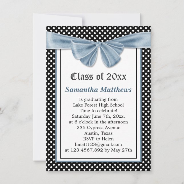 Invitation Ruban imprimé noir blanc pois Graduation (Devant)