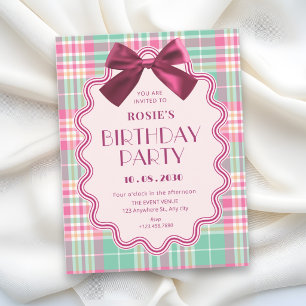 Invitation Ruban magenta et anniversaire à carreaux rose