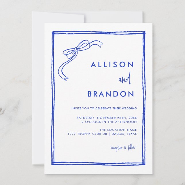 Invitation Ruban manuscrit Mariage bleu français (Devant)