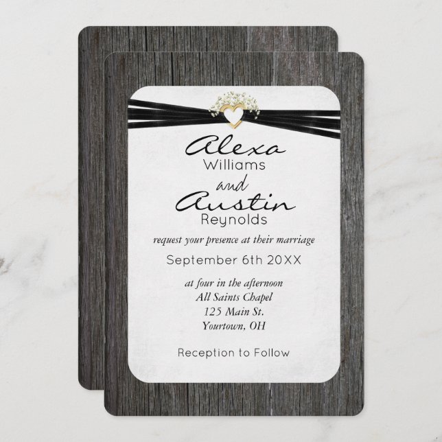 Invitation Ruban mariage dans le coeur d'or sur le bois (Devant / Derrière)