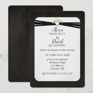 Invitation Ruban Mariage noir dans le coeur de l'or