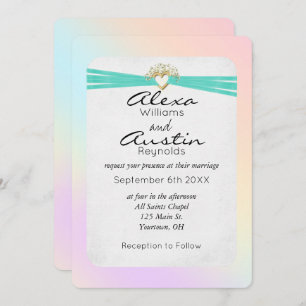 Invitation Ruban Mariage Turquoise dans le coeur d'or