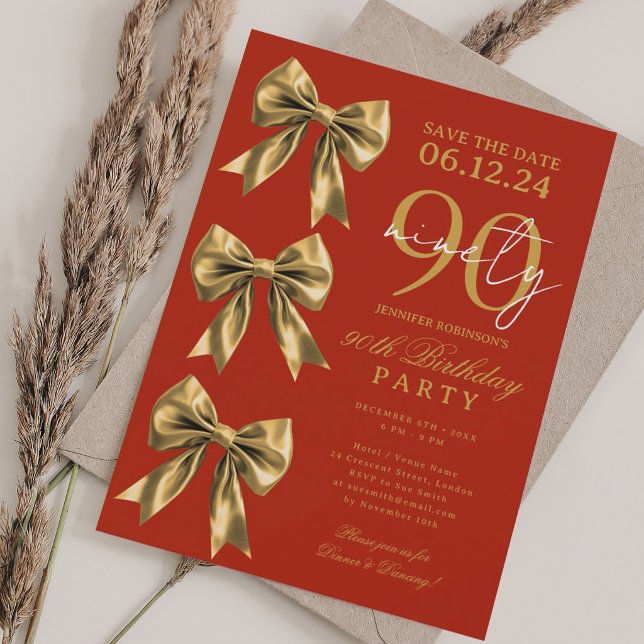 Invitation Ruban Mignardise Doré Enregistrer Date 90e Anniver (Gold Coquette Bow Save Date 90th Birthday Red Invitation)