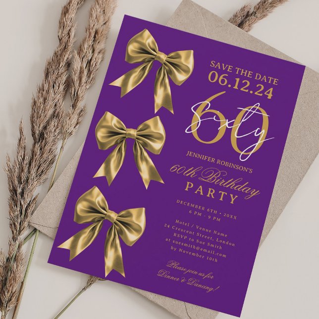 Invitation Ruban Mignardise Doré Enregistrer la Date 60e Anni (Gold Coquette Bow Save Date 60th Birthday Purple Invitation)