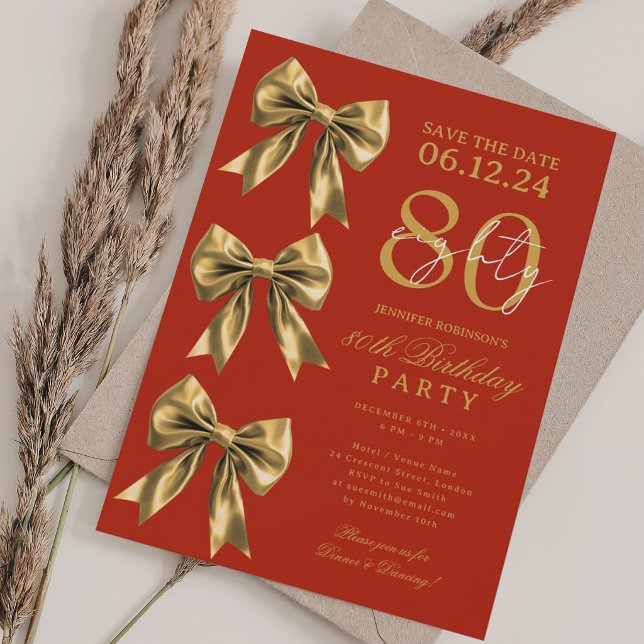 Invitation Ruban Mignardise Doré Enregistrer la Date 80e Anni (Gold Coquette Bow Save Date 80th Birthday Red Invitation)