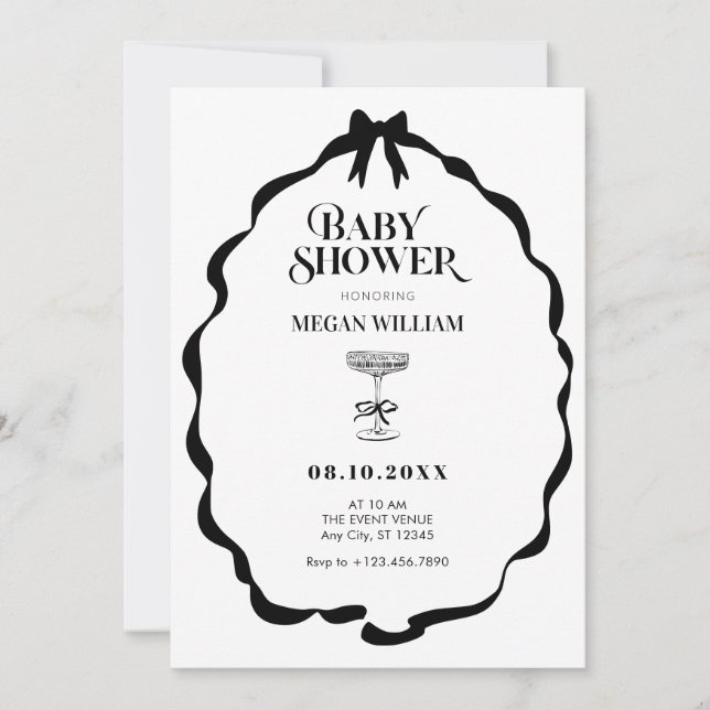 Invitation Ruban noir et blanc baby shower (Devant)