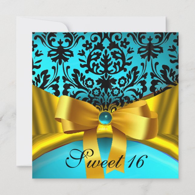 INVITATION RUBAN OR JAUNE BLEU AQUA SARCELLE NOIR DAMAS (Devant)