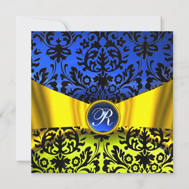 INVITATION RUBAN OR JAUNE BLEU DAMAS NOIR MONOGRAMME (Devant)
